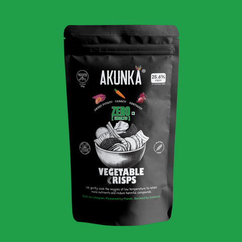 Akunka Crispy Roots Zero Unsalted 30g front pack - vacuum-fried beetroot, sweet potato, carrot chips