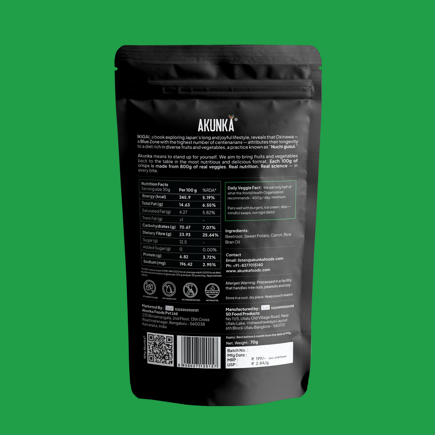 Crispy Roots Zero Unsalted 70g back pack - nutrition label and FSSAI details