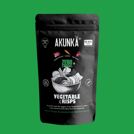 Crispy Roots Zero Unsalted 70g front pack - root vegetable chips by Akunka