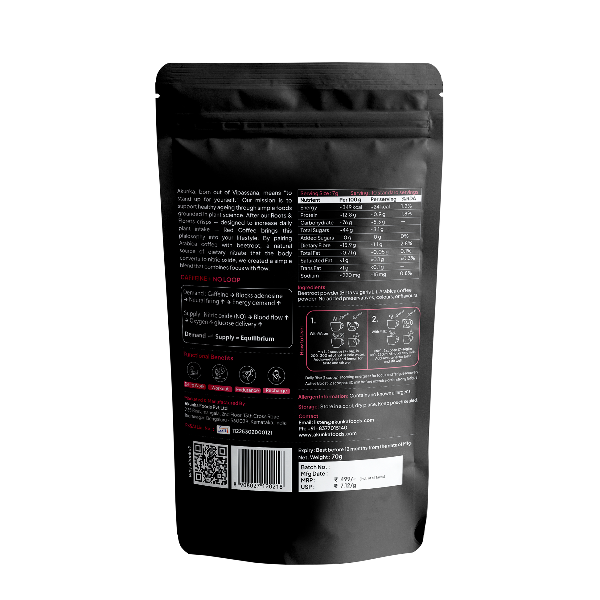 Red Coffee 70g pouch, back view — nutrition panel and ingredients