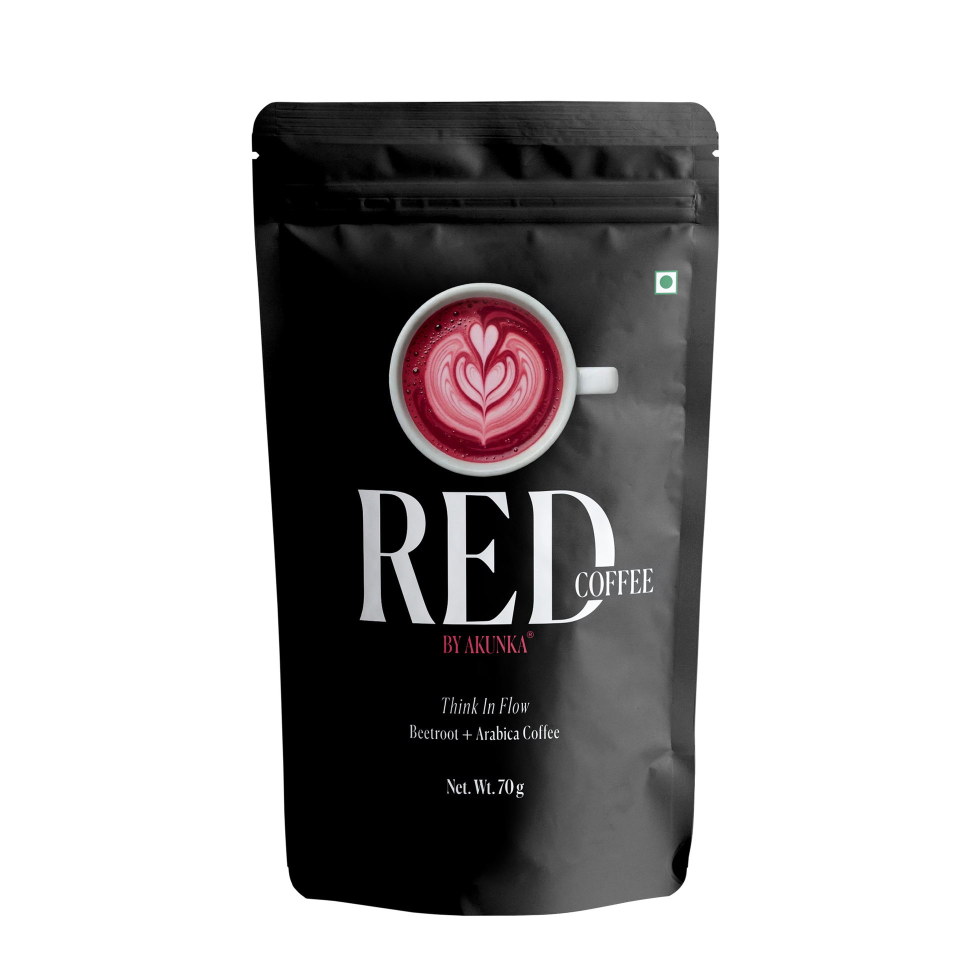 Red Coffee 70g matte black pouch, front view — Arabica coffee and beetroot nitrate blend by Akunka