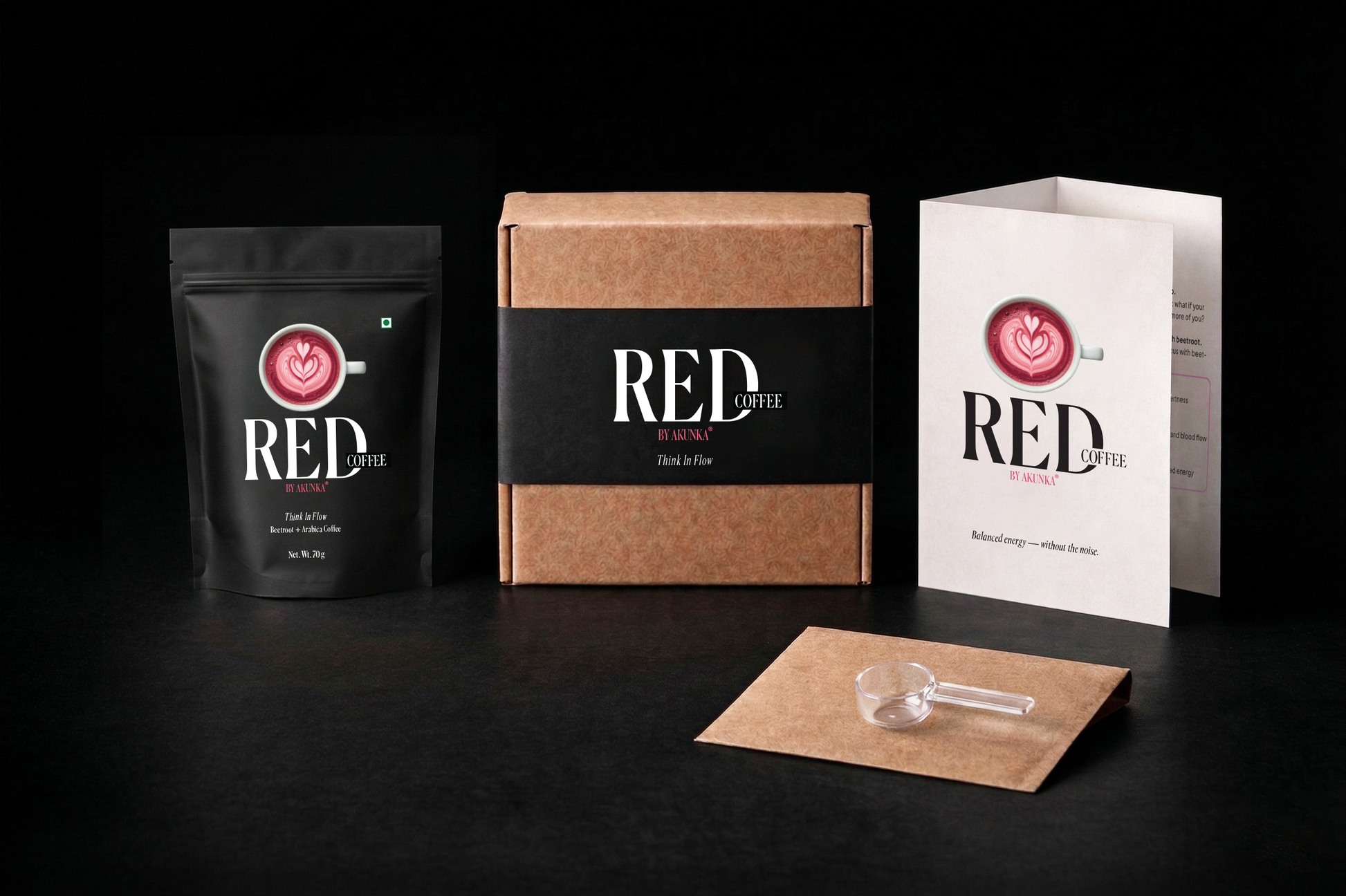 Red Coffee launch kit — one pouch with packaging, scoop and postcard