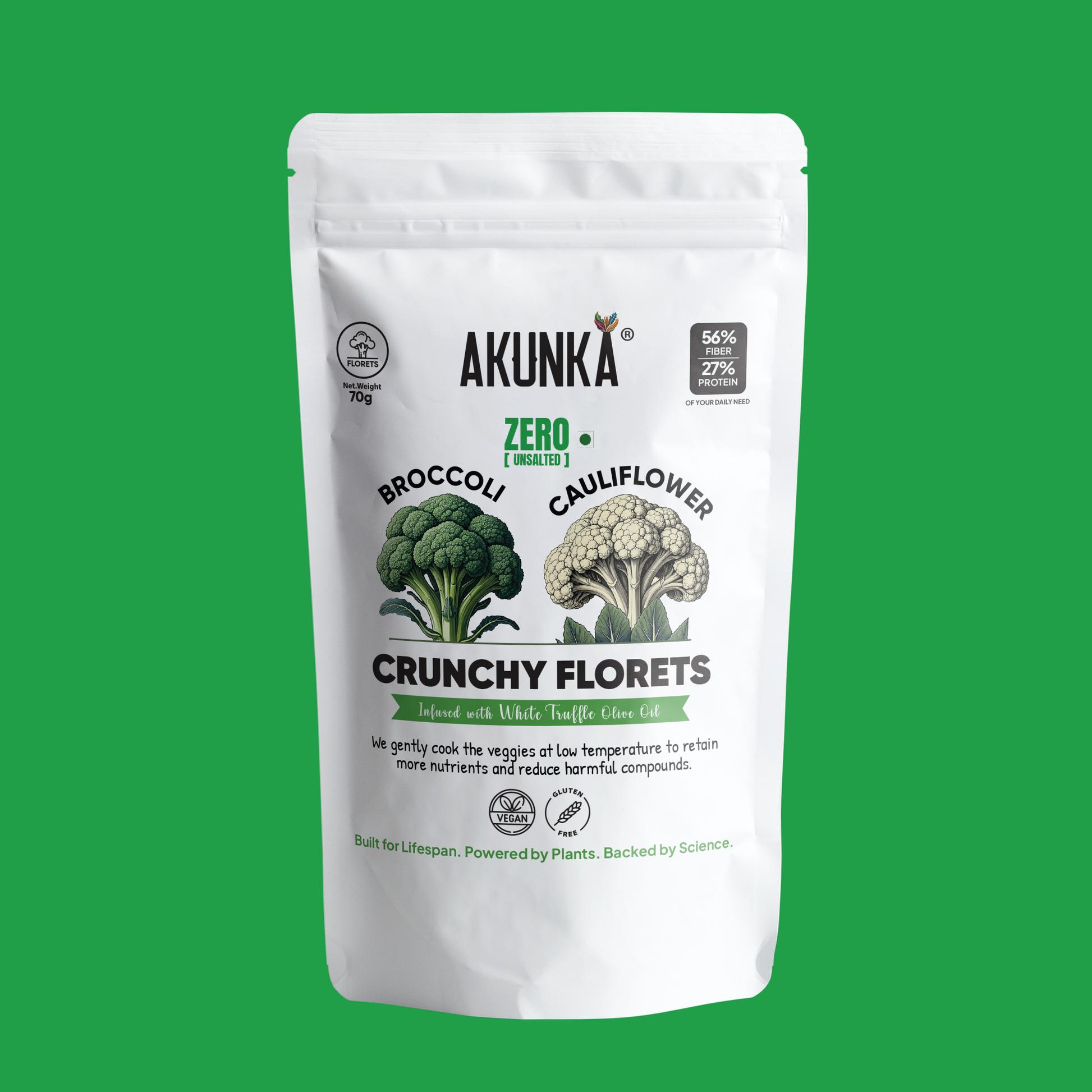 Crunchy Florets Zero Unsalted 70g front pack - broccoli and cauliflower chips