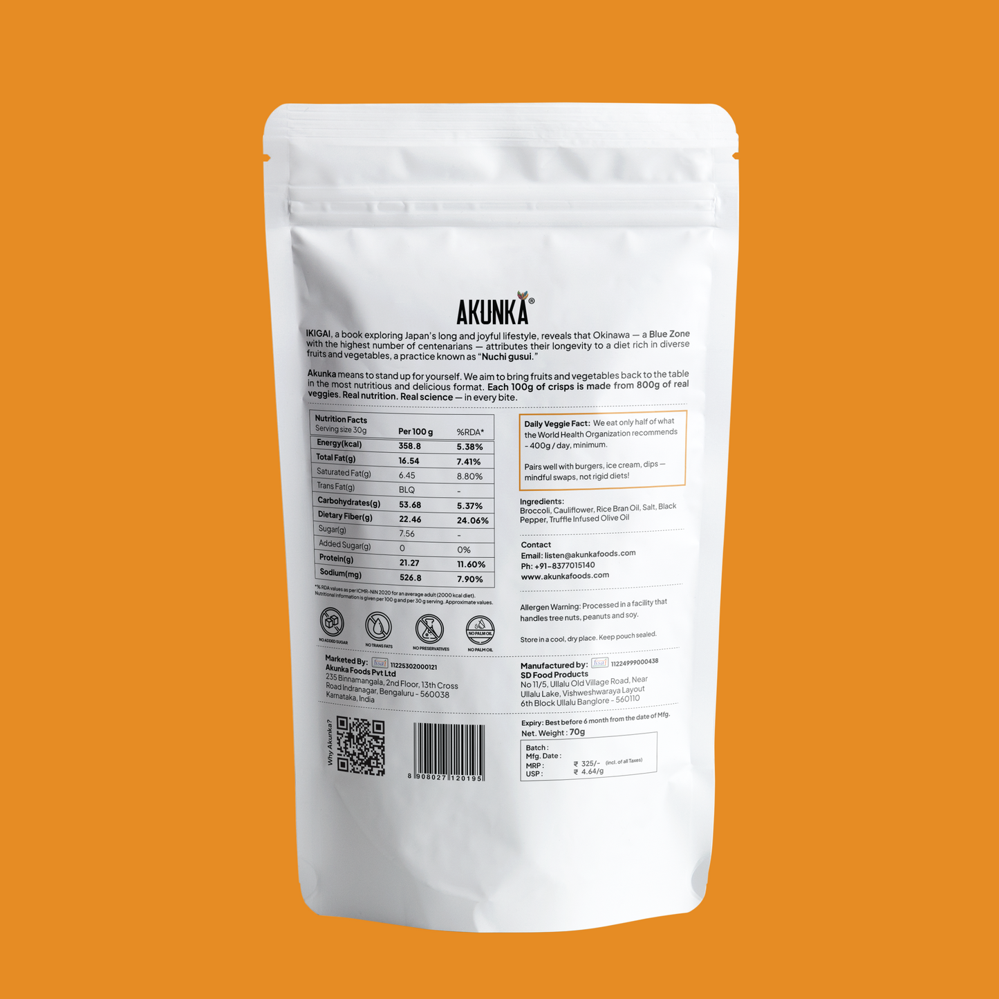 Crunchy Florets Salt and Pepper 70g back pack - nutrition label and FSSAI details