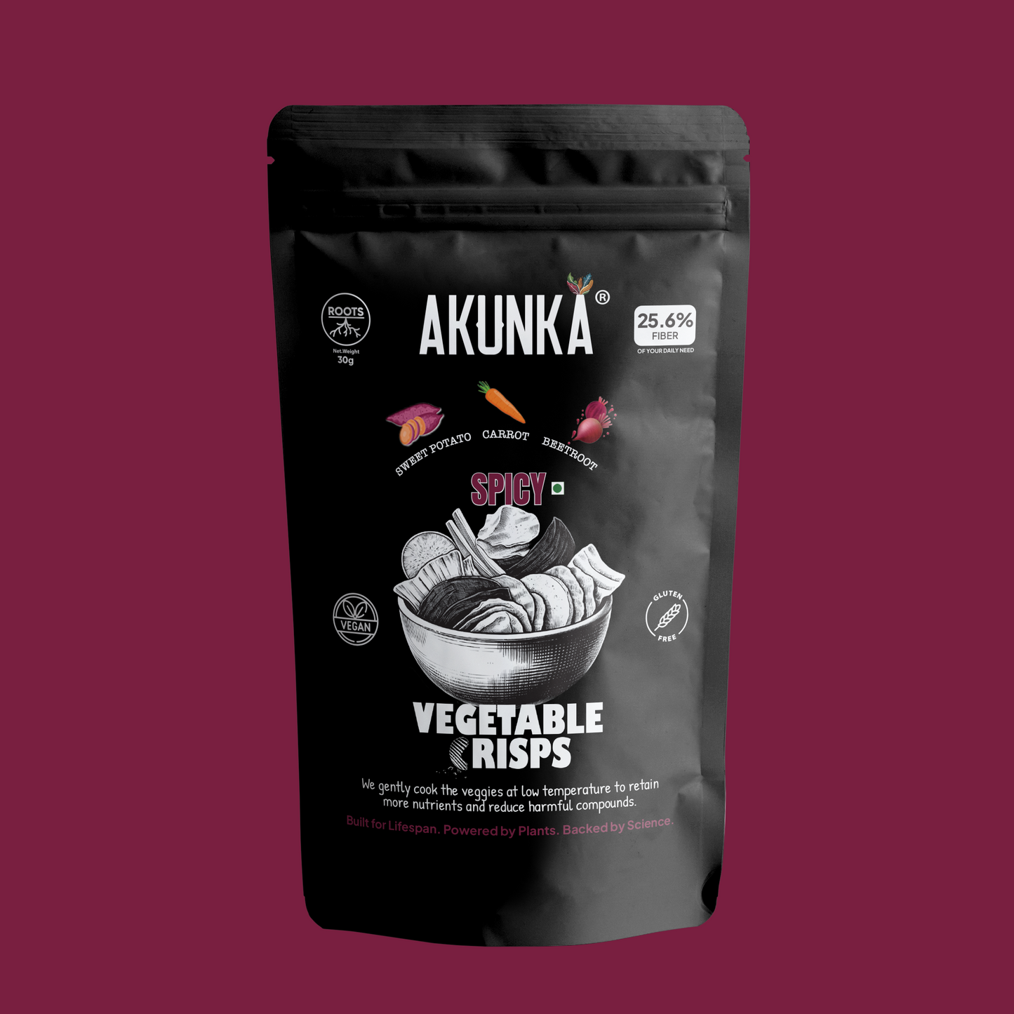 Akunka Crispy Roots Spicy 30g front pack — vacuum-fried beetroot, sweet potato, carrot chips