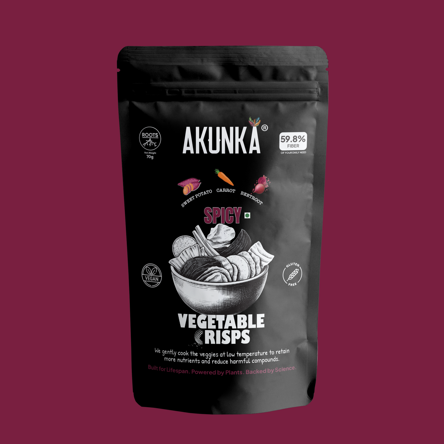 Crispy Roots Spicy 70g front pack — root vegetable chips